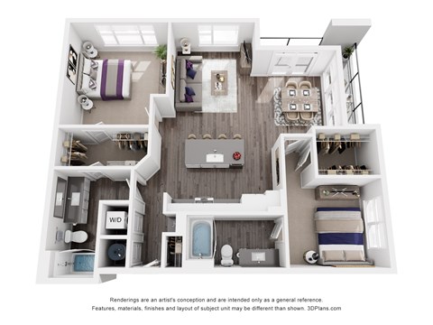 The Chastain | Glenn Perimeter A 3D floor plan of a house with a kitchen, living room, and bathrooms.